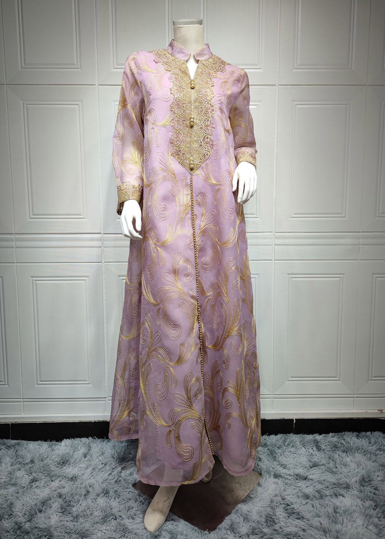 Fashion Light Purple Stand Collar Embroideried Floral Tulle Long Dress Fall