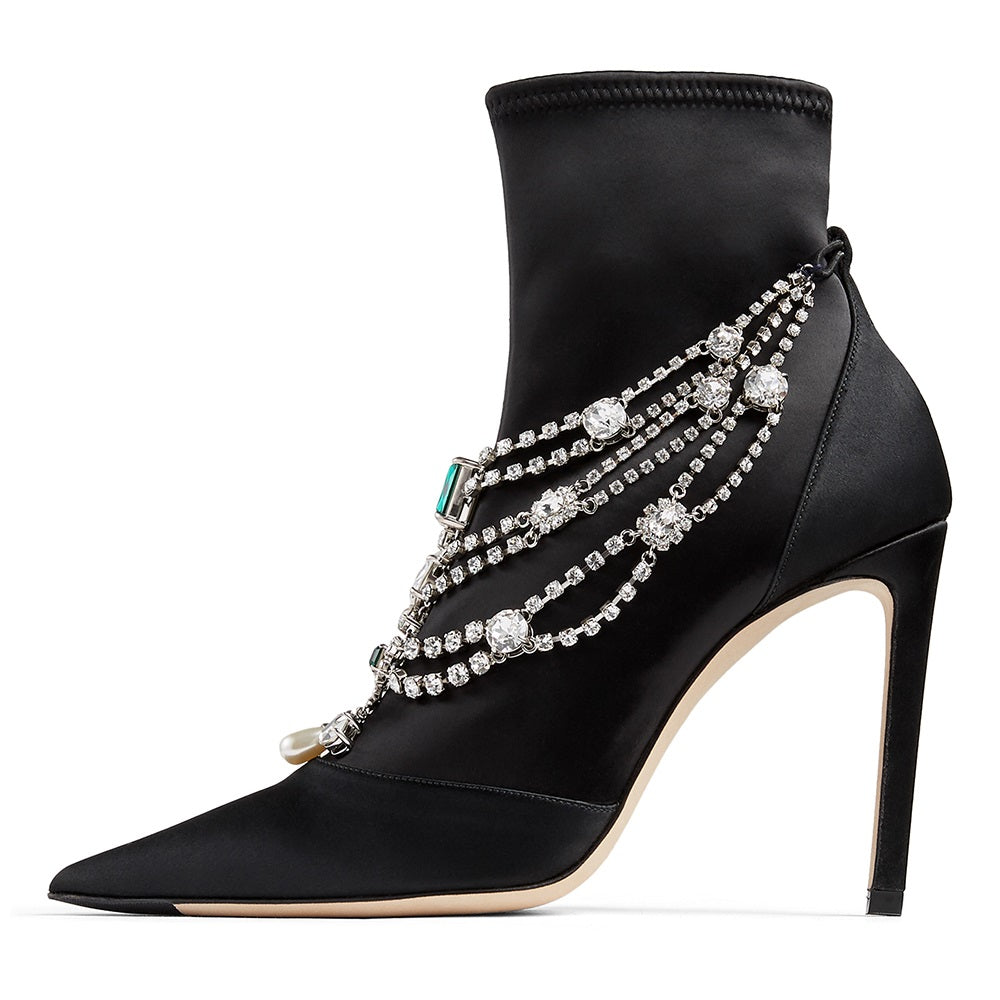 Black Lycra Rhinestones Stiletto Boots Ankle Boots