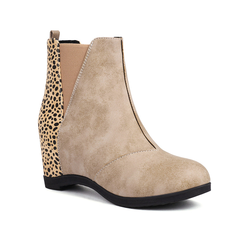 Leopard Print Patchwork Seam Retro Wedge Ankle Boots