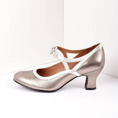 Champange Royal Vintage Metallic Mary Jane Heels Chunky Heel Pumps