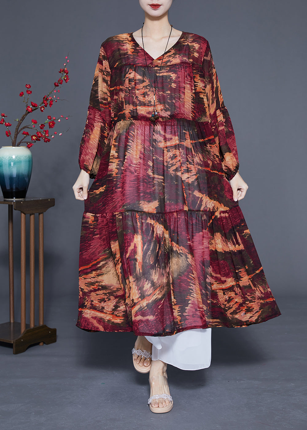 Women Dark Red V Neck Patchwork Exra Large Hem Chiffon Cinched Dresses Spring