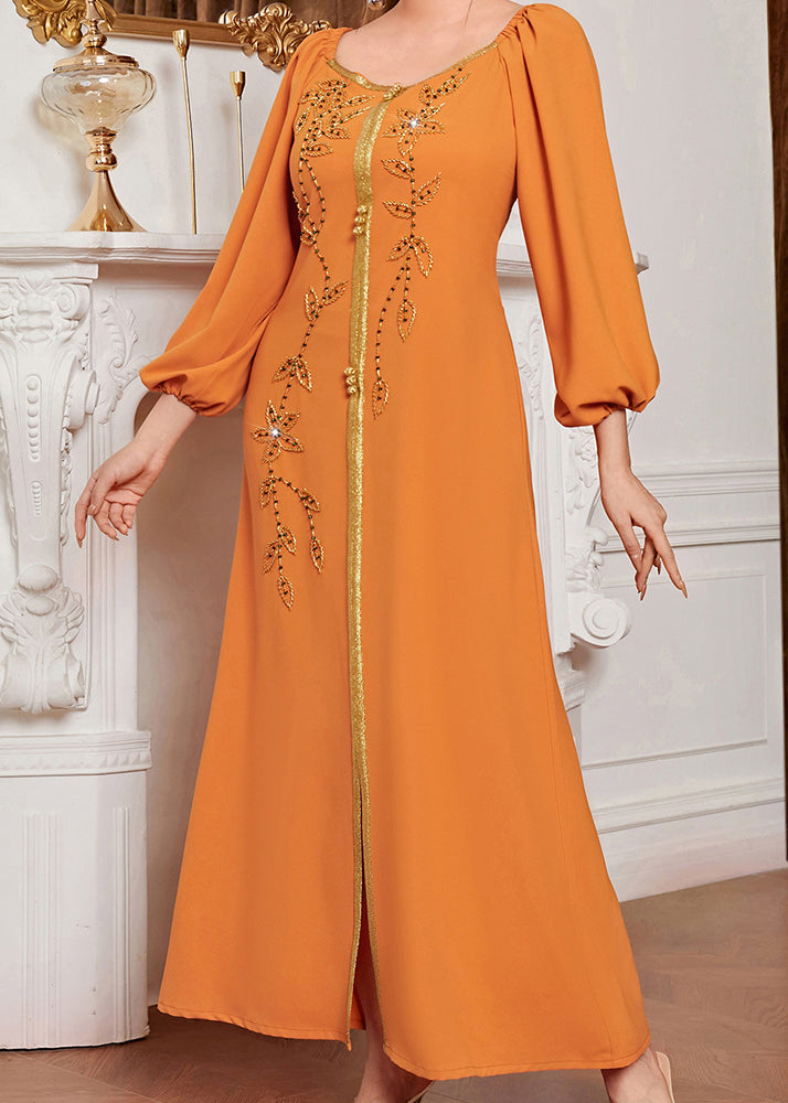 Chic Orange Square Collar Embroideried Lace Patchwork Silk Maxi Vacation Dresses Long Sleeve