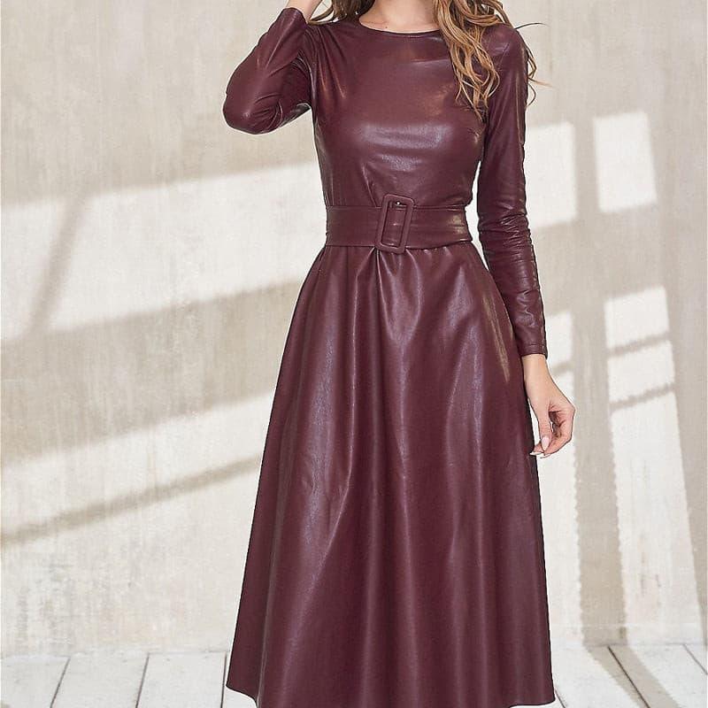 Simple round neck slim PU leather belt dress