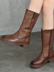 Classic Leather Side Zipper Knight Boots