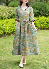 Green Print Pockets Patchwork Linen Dress Tie Waist Summer