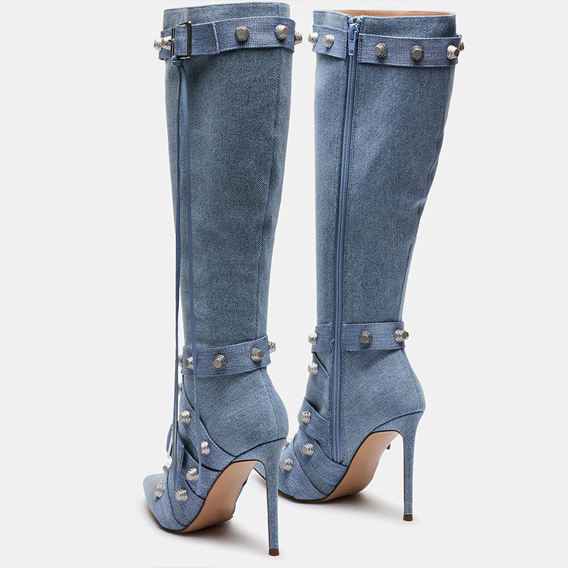 Blue Studded Strappy Buckled Stiletto Heel Knee-High Denim Boots