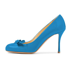 4 inch Heels Blue Round Toe Stiletto Heels Pumps With Bow