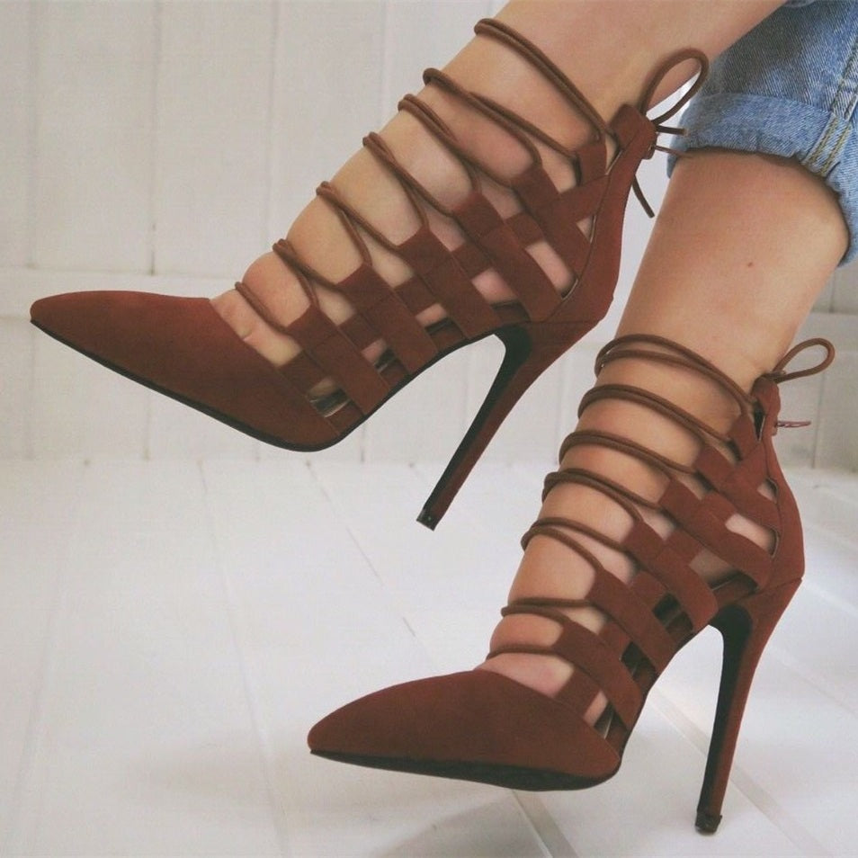 Brown Vegan Suede Lace Up Heel Pointy Toe Pumps