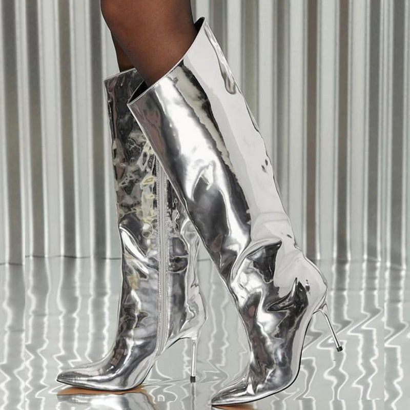 Silver Pointed Stiletto Heel Boots Mirror Knee-high Boots