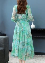 Green Print Patchwork Silk Dress Ruffled Lantern Sleeve