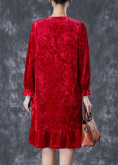 Red Silk Velour Holiday Dress Square Collar Embroideried Fall