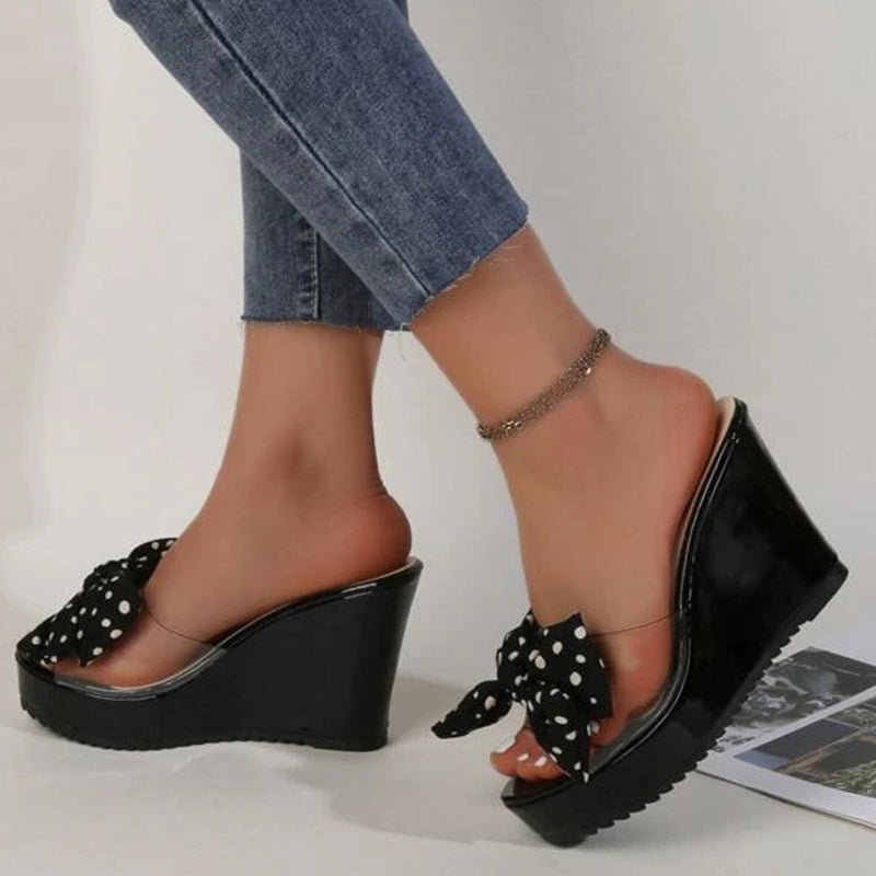 Black & White Polka Dot Wedge Heels Women's Bow Mule Shoes