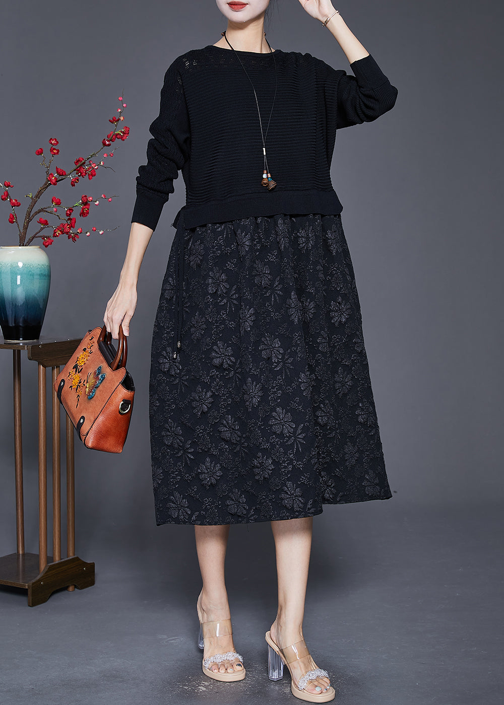 Black Patchwork Knit Holiday Dresses Jacquard Fall