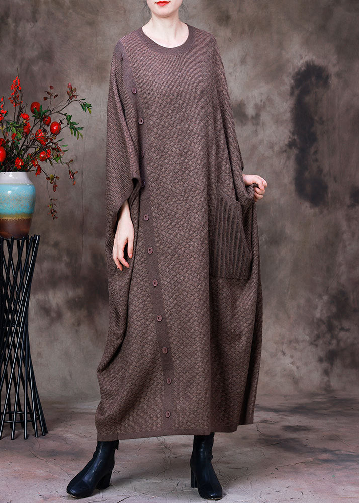 Women Light Coffee O-Neck Button Pockets Cashmere Maxi Dress Long Sleeve