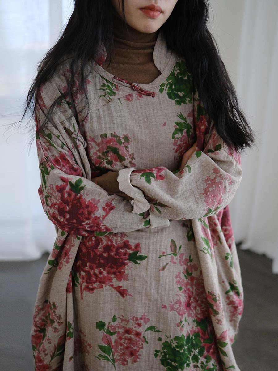 Women Vintage Floral Print Cotton Linen Loose Dress