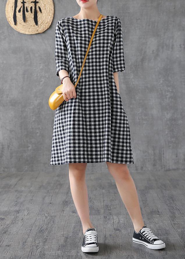 DIY o neck half sleeve cotton linen Wardrobes Outfits black plaid Dresses summer