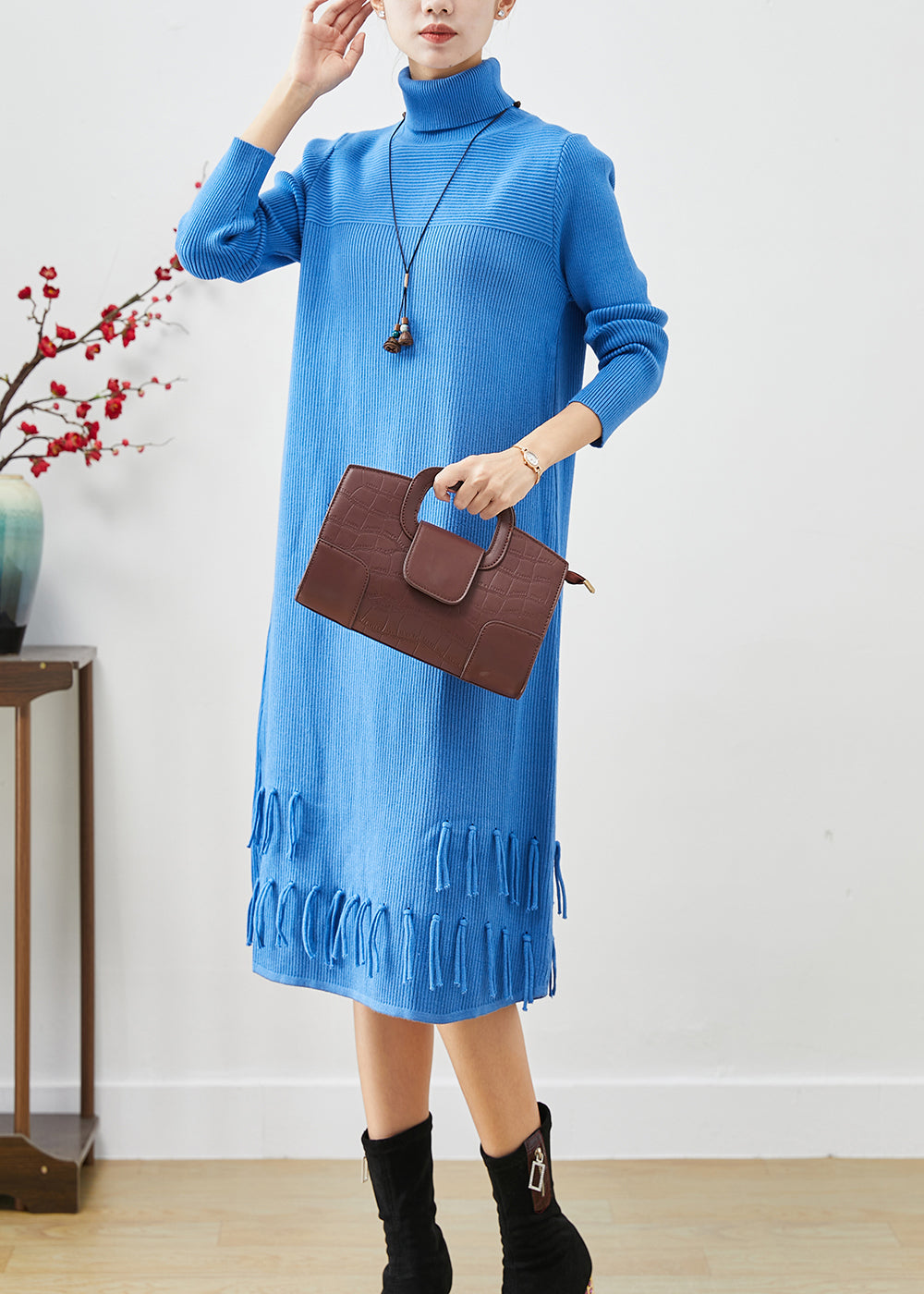 Women Blue Tasseled Patchwork Knit Long Dress Fall