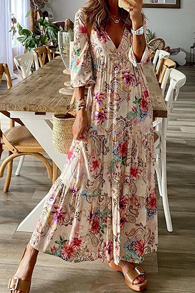 Casual Print Patchwork Flounce V Neck Cake  Dresses