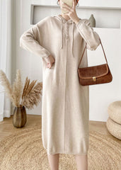 Apricot Button Knitted Dress Cinched Winter