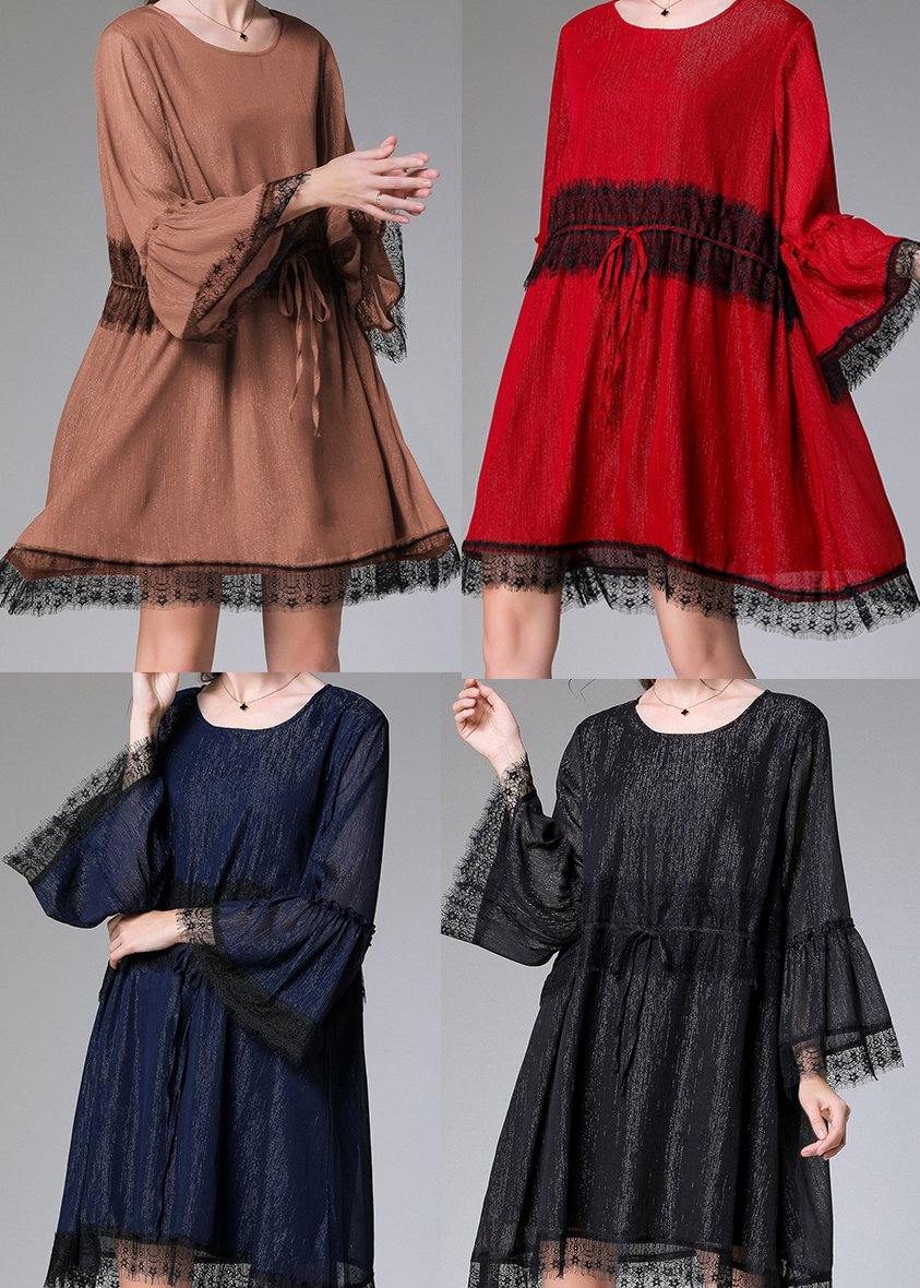 Handmade Red Patchwork Chiffon flare sleeve Summer Mini Dresses