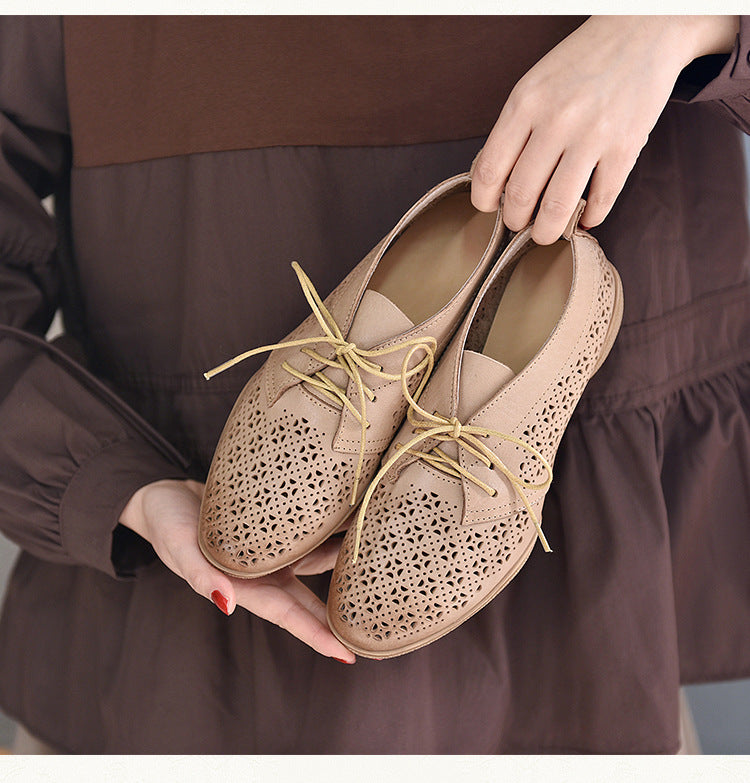 Literary Hollow Leather Flat Shoes