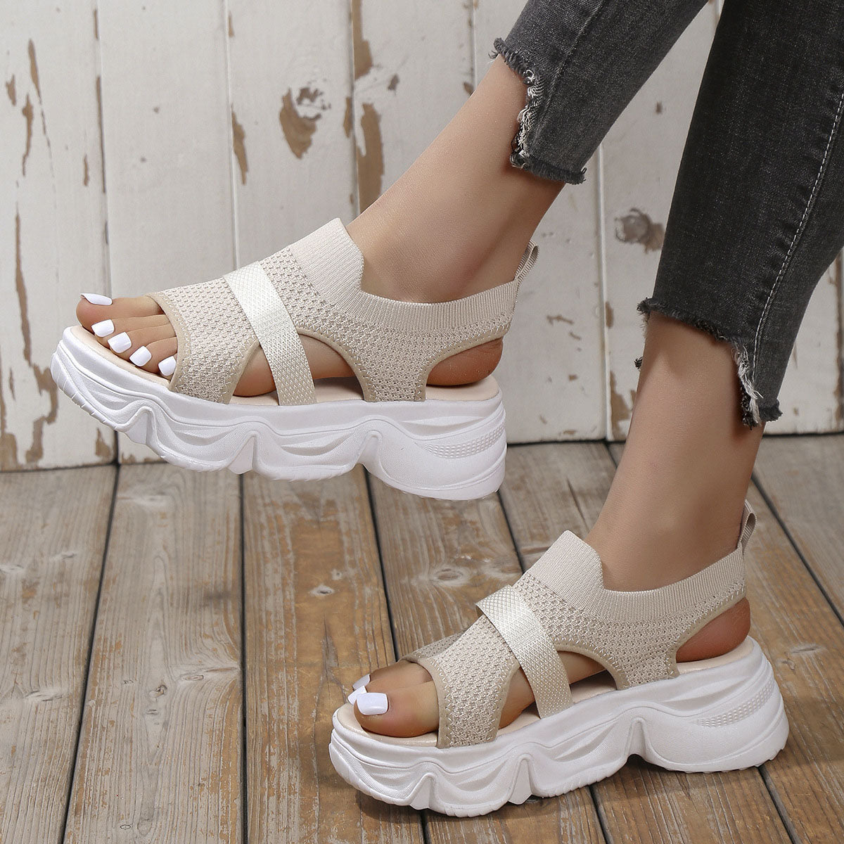 Knit Mesh Strap Open Toe Mid Heel Platform Casual Sandals