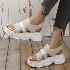 Knit Mesh Strap Open Toe Mid Heel Platform Casual Sandals