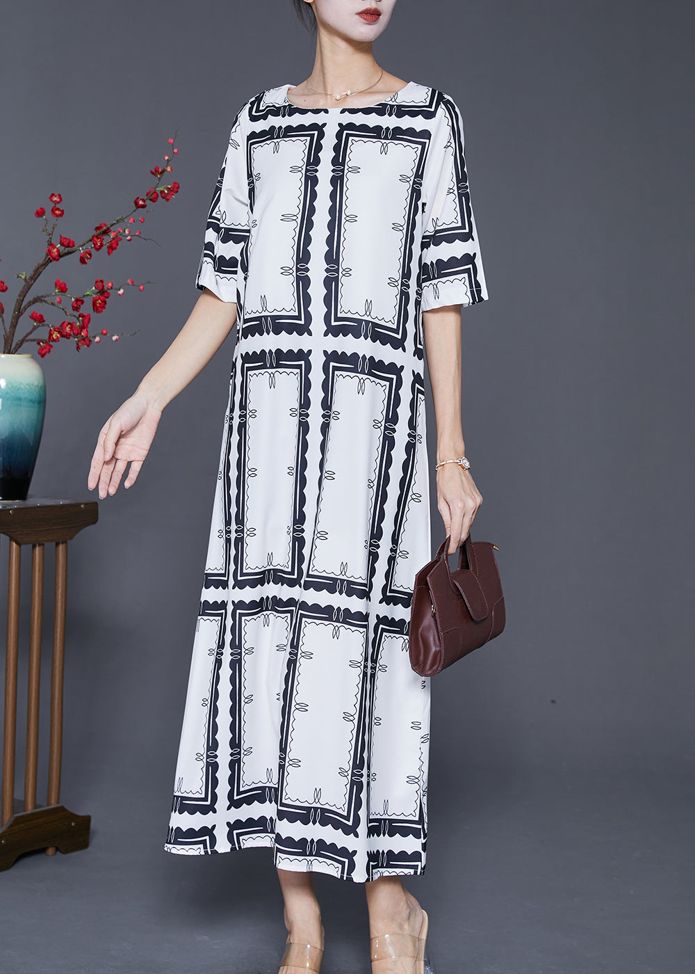 Natural White Square Collar Print Silk Maxi Dress Summer