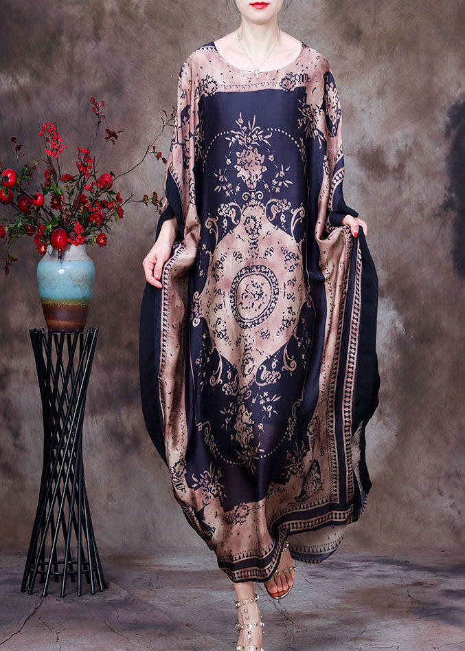 Modern Coffee O-Neck Print Silk Long Dress Gown Batwing Sleeve