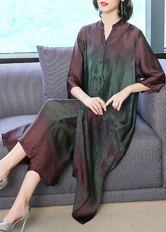 Green Thin Silk Shirt Dress And Wide Leg Pants Two Pieces Set Pockets Summer