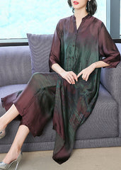 Green Thin Silk Shirt Dress And Wide Leg Pants Two Pieces Set Pockets Summer