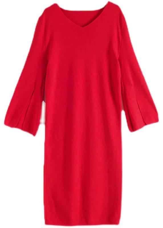 Simple Red V Neck Elegant Slim Fit Knitwear Dress