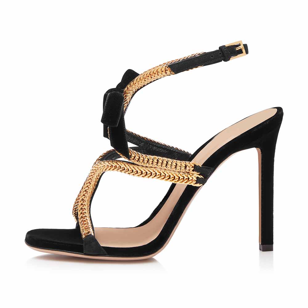 Black and Gold Chain Embellished Open Toe Slingback High Heel Shoes