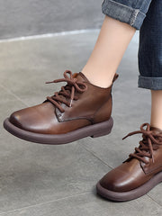 Versatile Leather Round Toe Flat Heel Short Boots