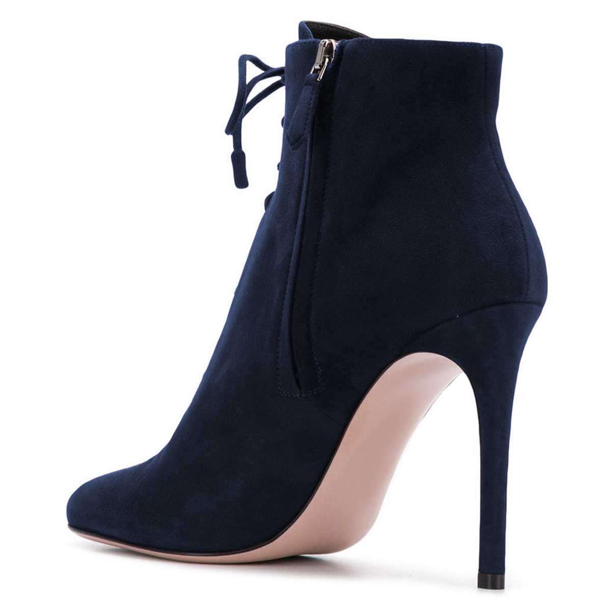 Navy Vegan Suede Stiletto Heel Lace Up Boots