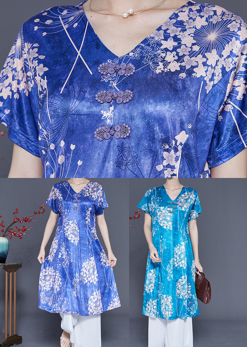 Fashion Blue V Neck Print Silk Holiday Dresses Summer