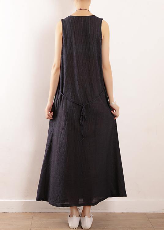 Elegant dark blue linen cotton Robes Fine Sewing Sleeveless drawstring Maxi Summer Dresses