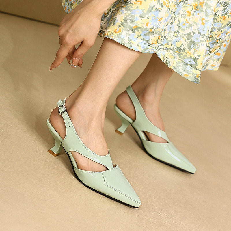 Hollow Out Patent Leather Pointy Toe Slingback Kitten Heels