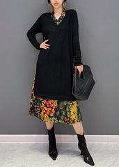 Art Black V Neck Print Patchwork Fake Two Pieces Knit Dresses Fall