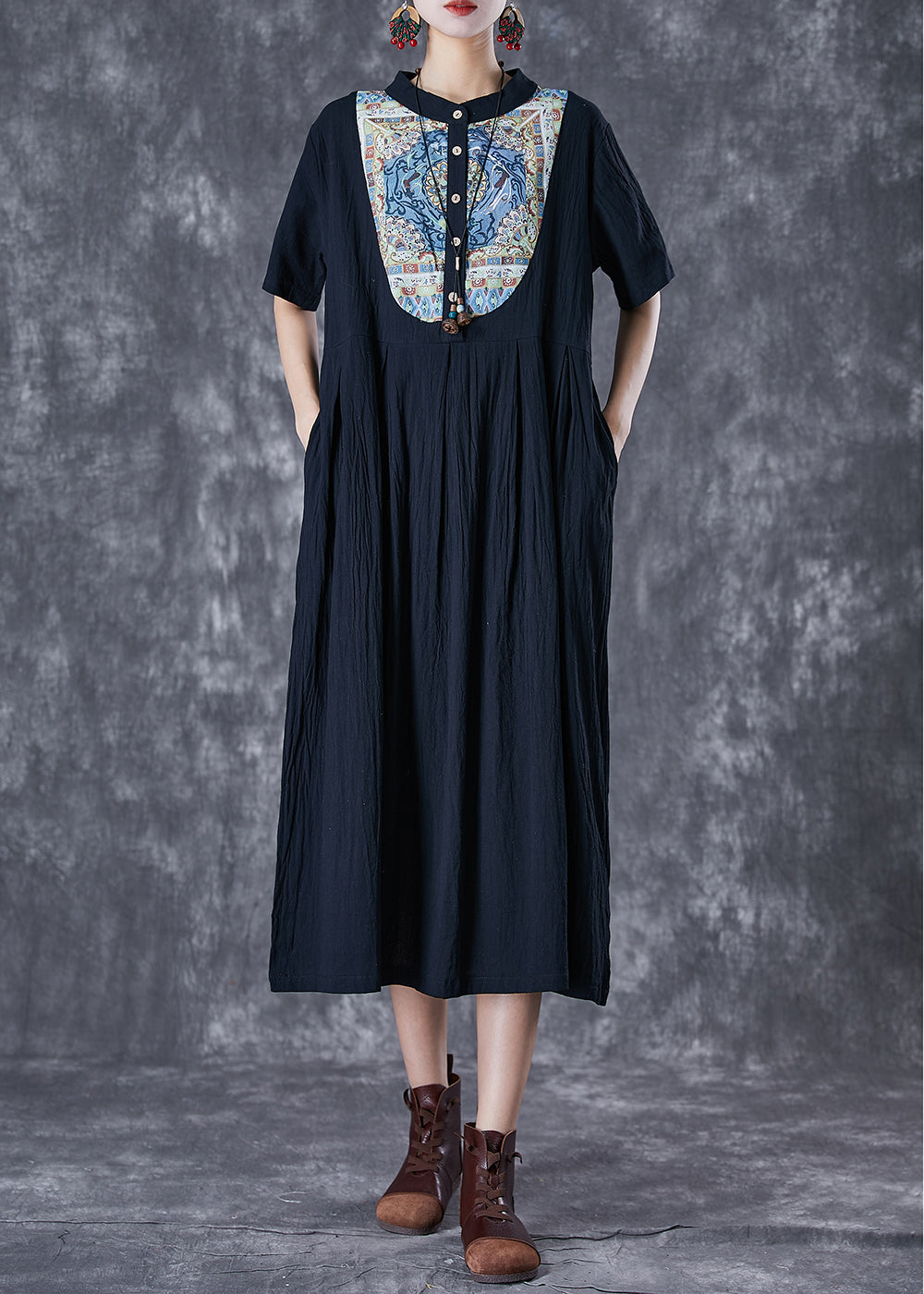 Black Print Linen Long Dresses Stand Collar Button Down Summer