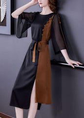 Chic Colorblock O-Neck Cinched Patchwork Side Open Silk Holiday Dress Summer