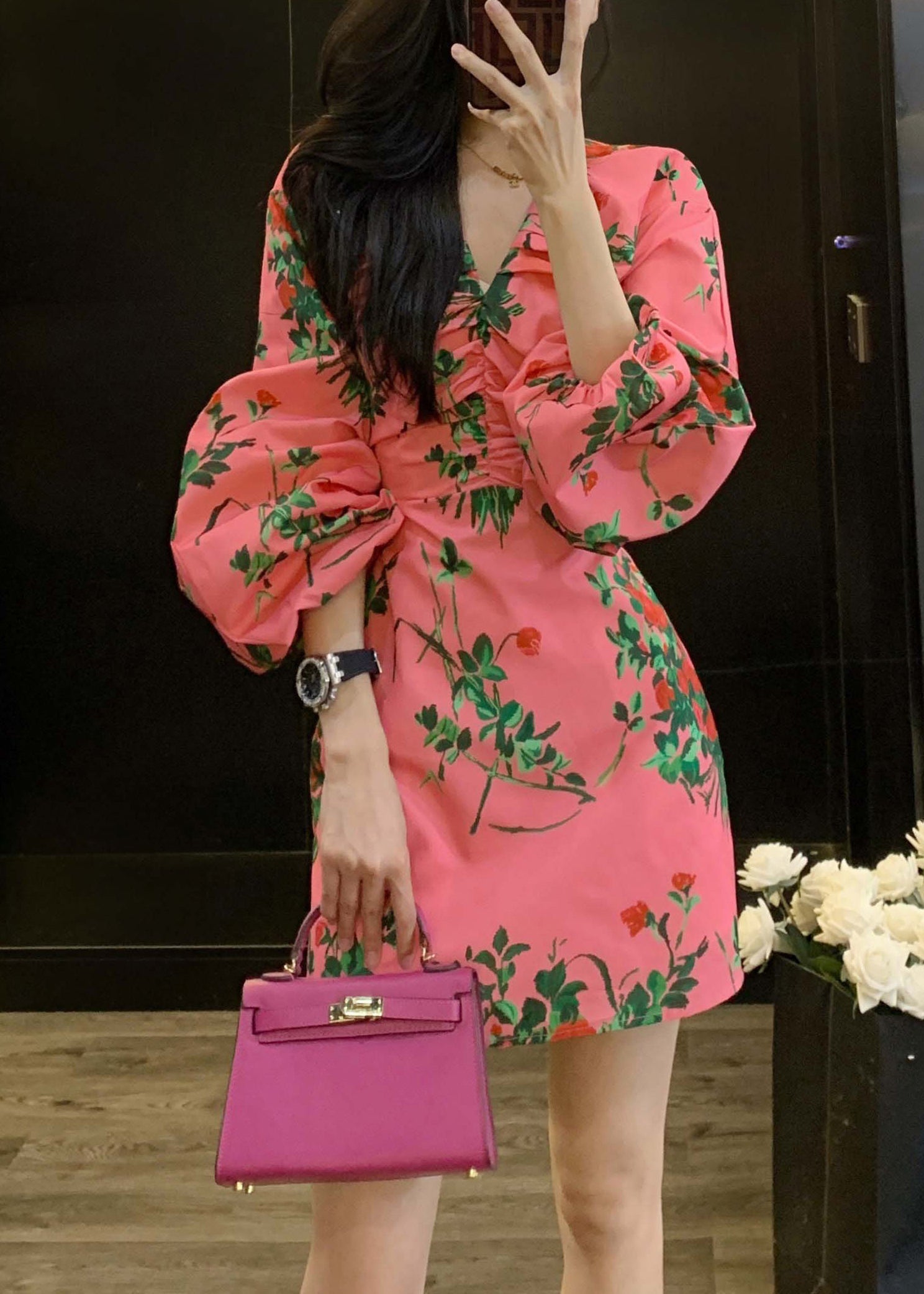 Novelty Pink V Neck Print Wrinkled Cotton Mid Dress Long Sleeve