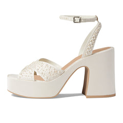 White Ankle Strap Platform Sandals Square Toe Chunky Heel Pearl Shoes