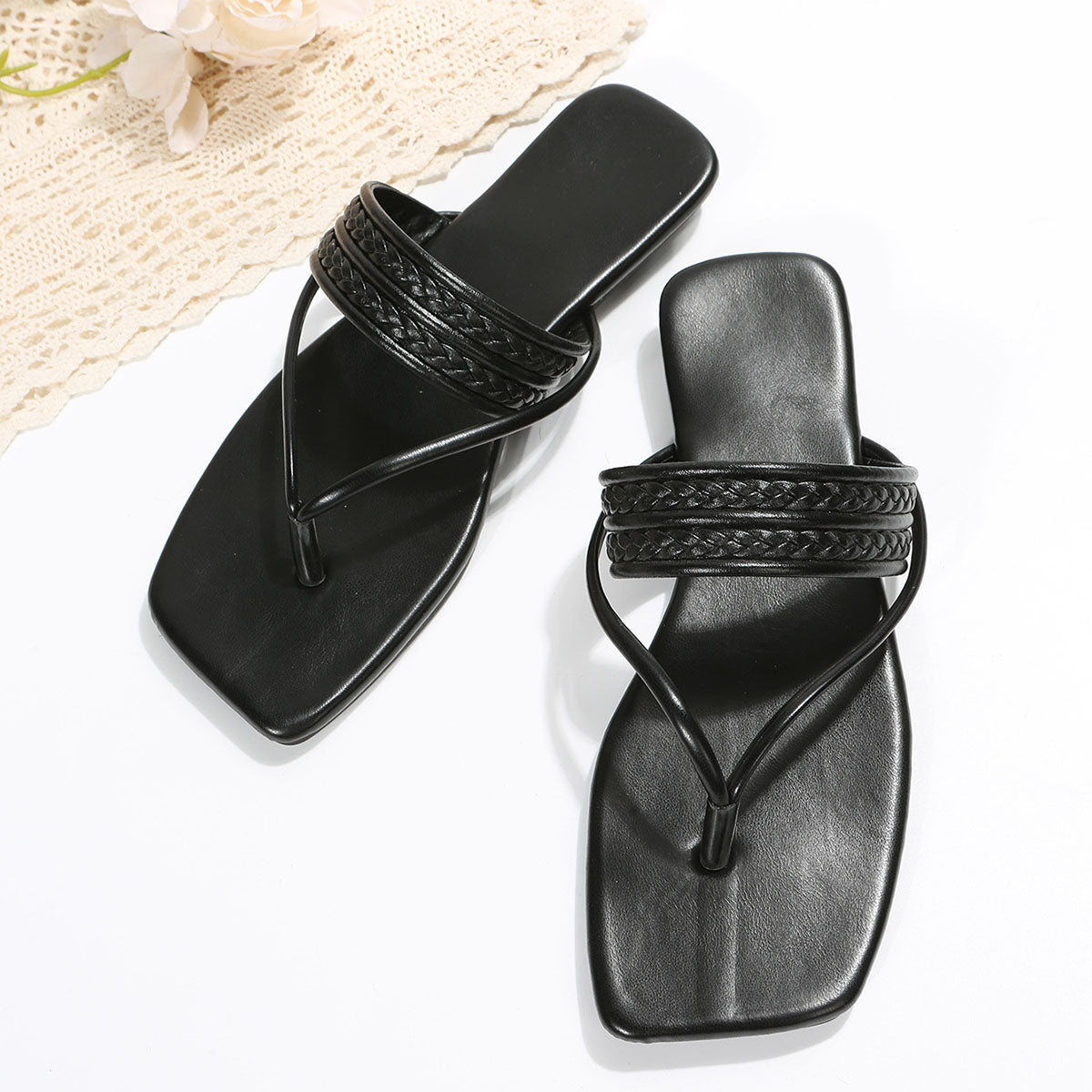 Metallic Sheen Flip-Flops Square Toe Beach Slippers