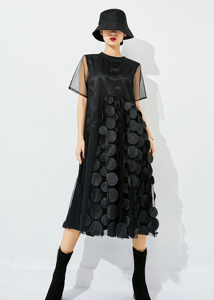 Women Black O-Neck Patchwork Dot Tulle Holiday Dress Summer