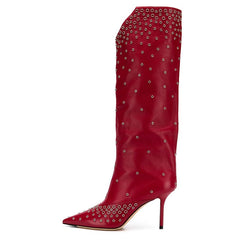 Red Studs Stiletto Boots Pointed Toe Knee High Boots