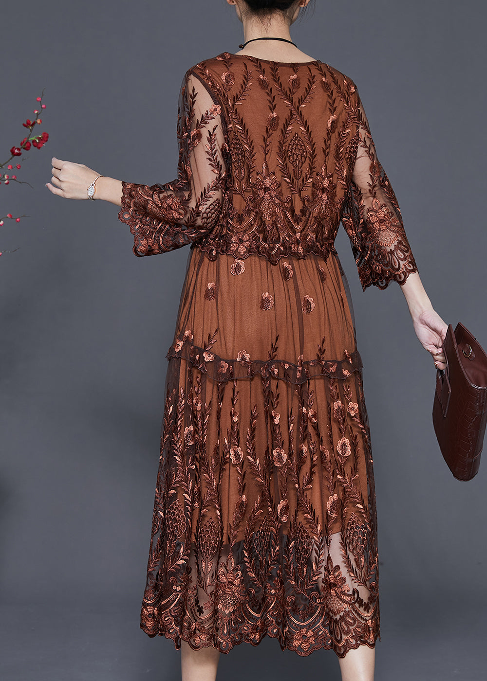 Brown Tulle Maxi Dresses Cinched Embroidered Summer