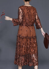 Brown Tulle Maxi Dresses Cinched Embroidered Summer