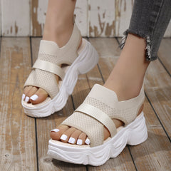 Knit Mesh Strap Open Toe Mid Heel Platform Casual Sandals