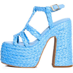 Blue Open Toe Braided Sandal Women's Classic Platform Chunky Heel Office Shoes